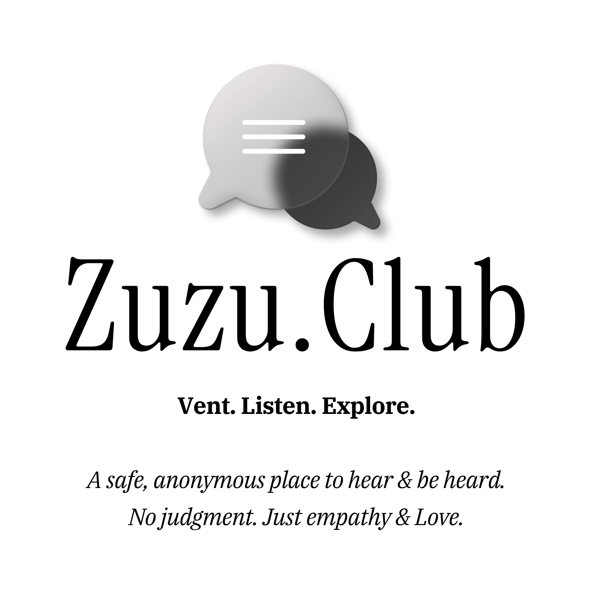 Zuzu Club logo with the tagline Vent. Listen. Explore.