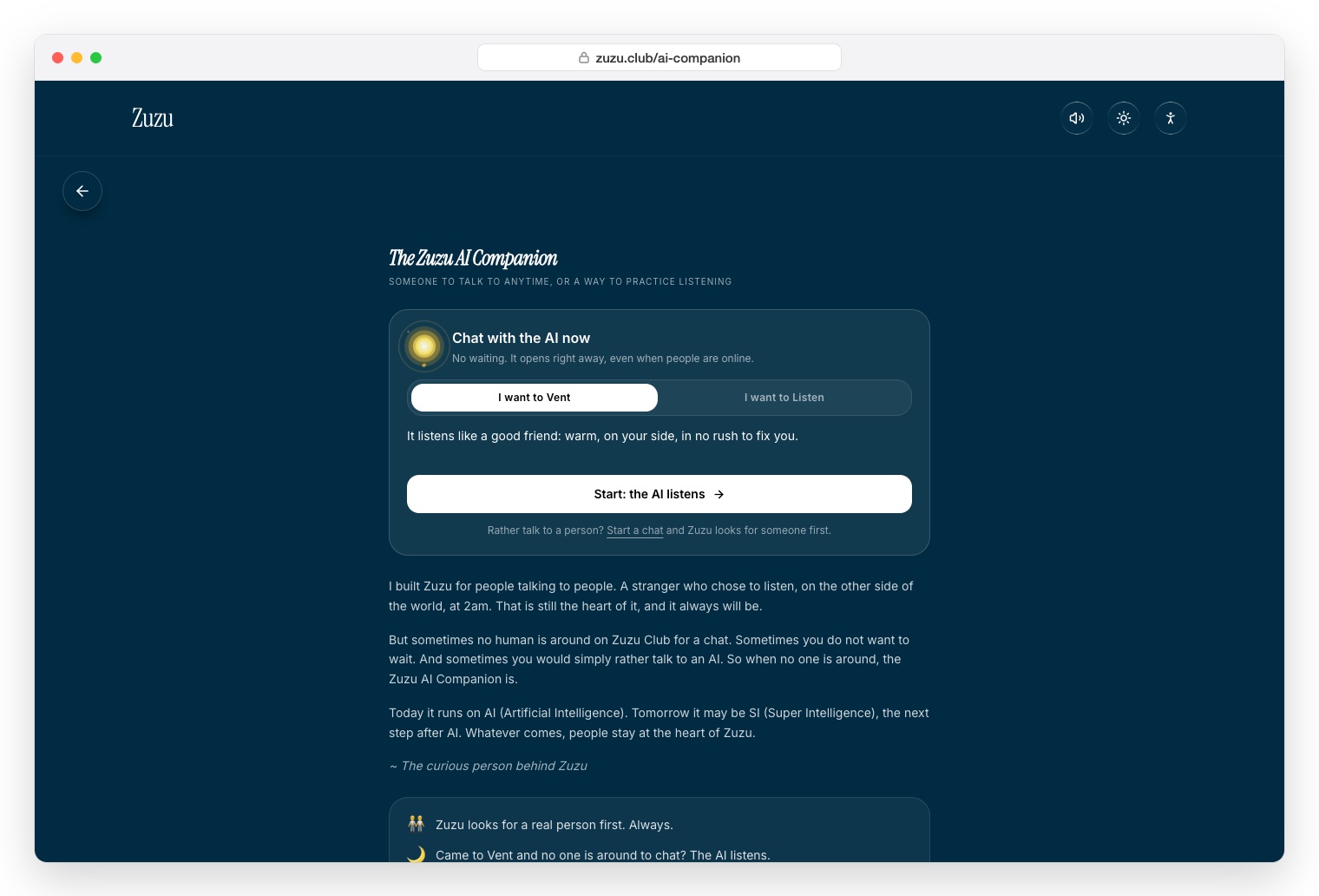 Zuzu Club AI Companion page with a Chat with the AI now card and the choice to Vent or Listen