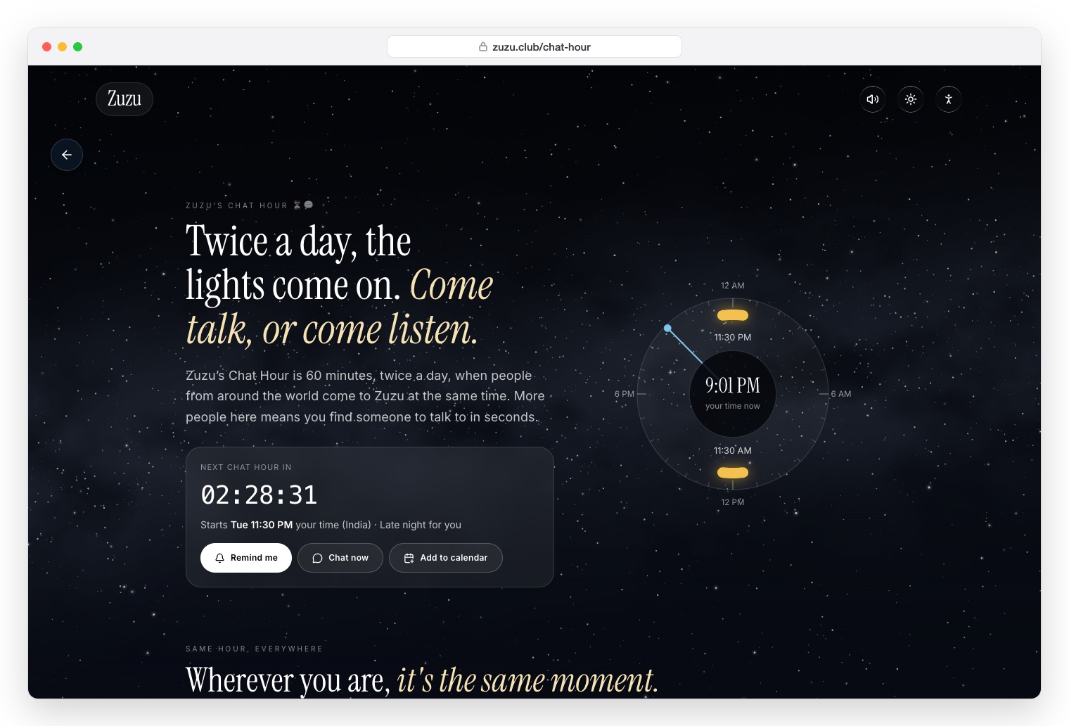 Zuzu Club Chat Hour page: Twice a day, the lights come on, with a countdown and a 24 hour clock