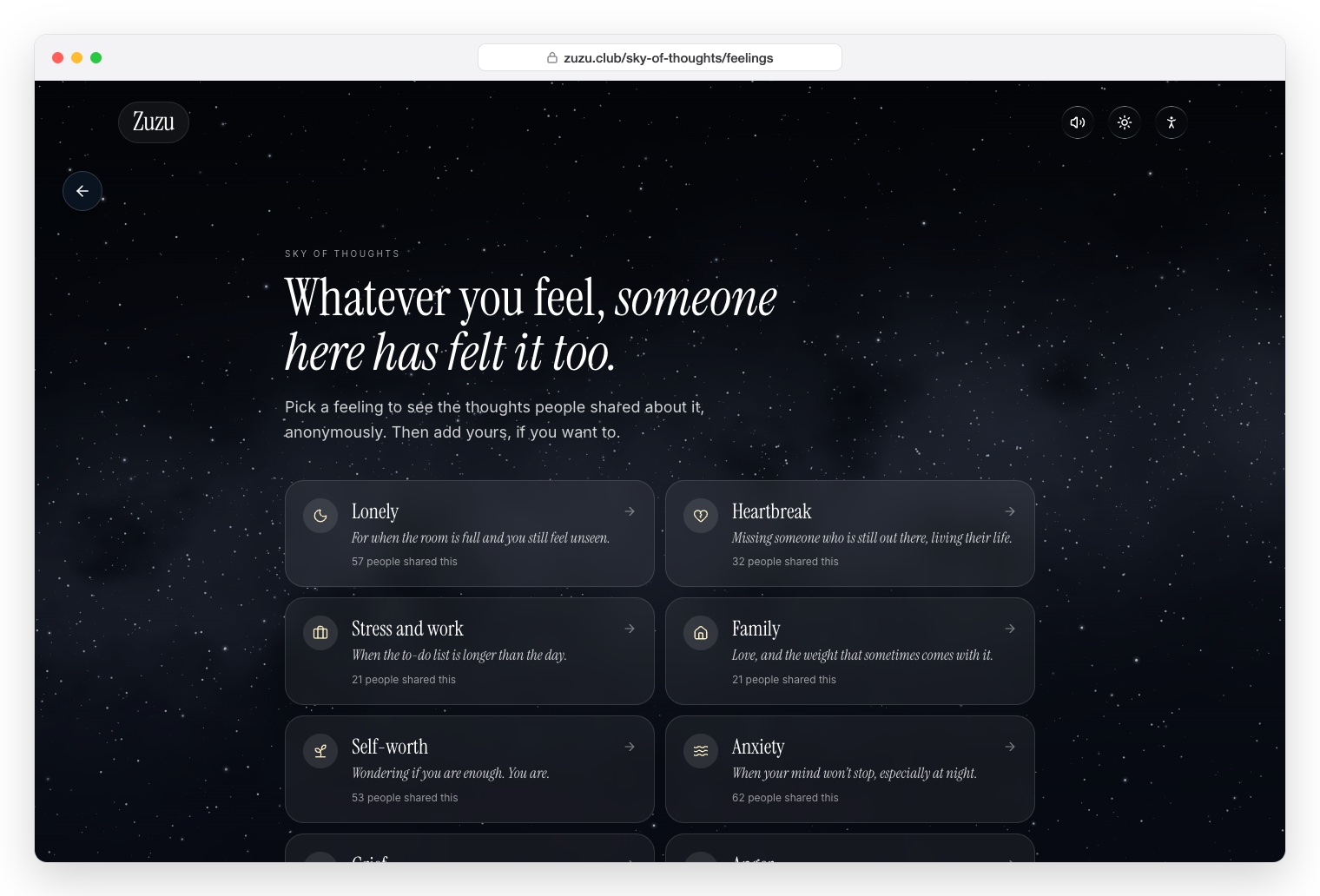 Zuzu Club Feelings page: Whatever you feel, someone here has felt it too, with a card for each feeling