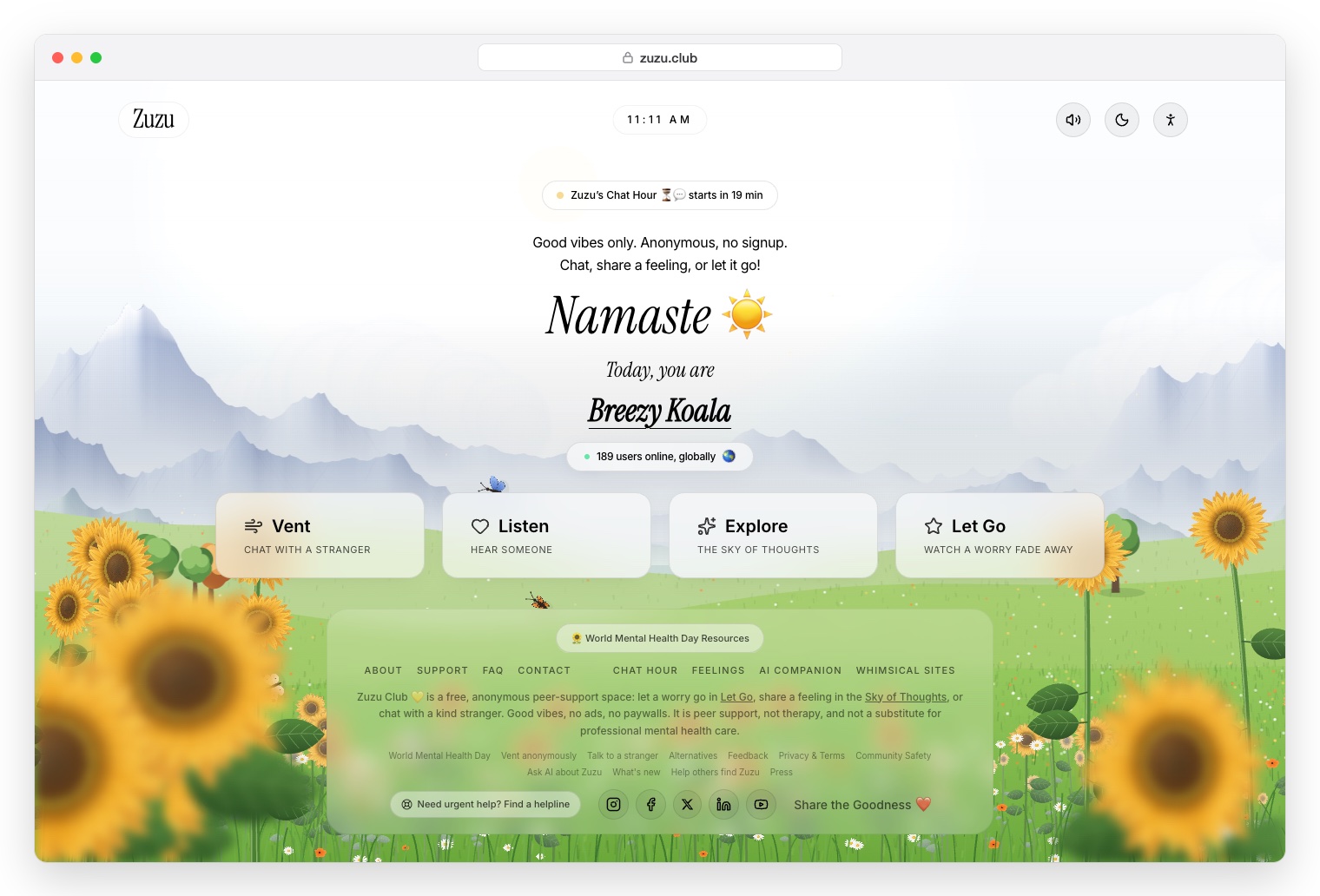 Zuzu Club landing page by day: misty mountains, a green meadow with sunflowers and four buttons, Vent, Listen, Explore and Let Go