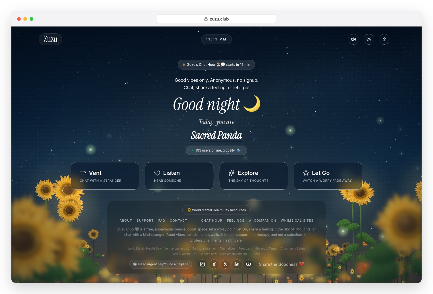 Zuzu Club landing page at night: a starry sky with sunflowers and four buttons, Vent, Listen, Explore and Let Go