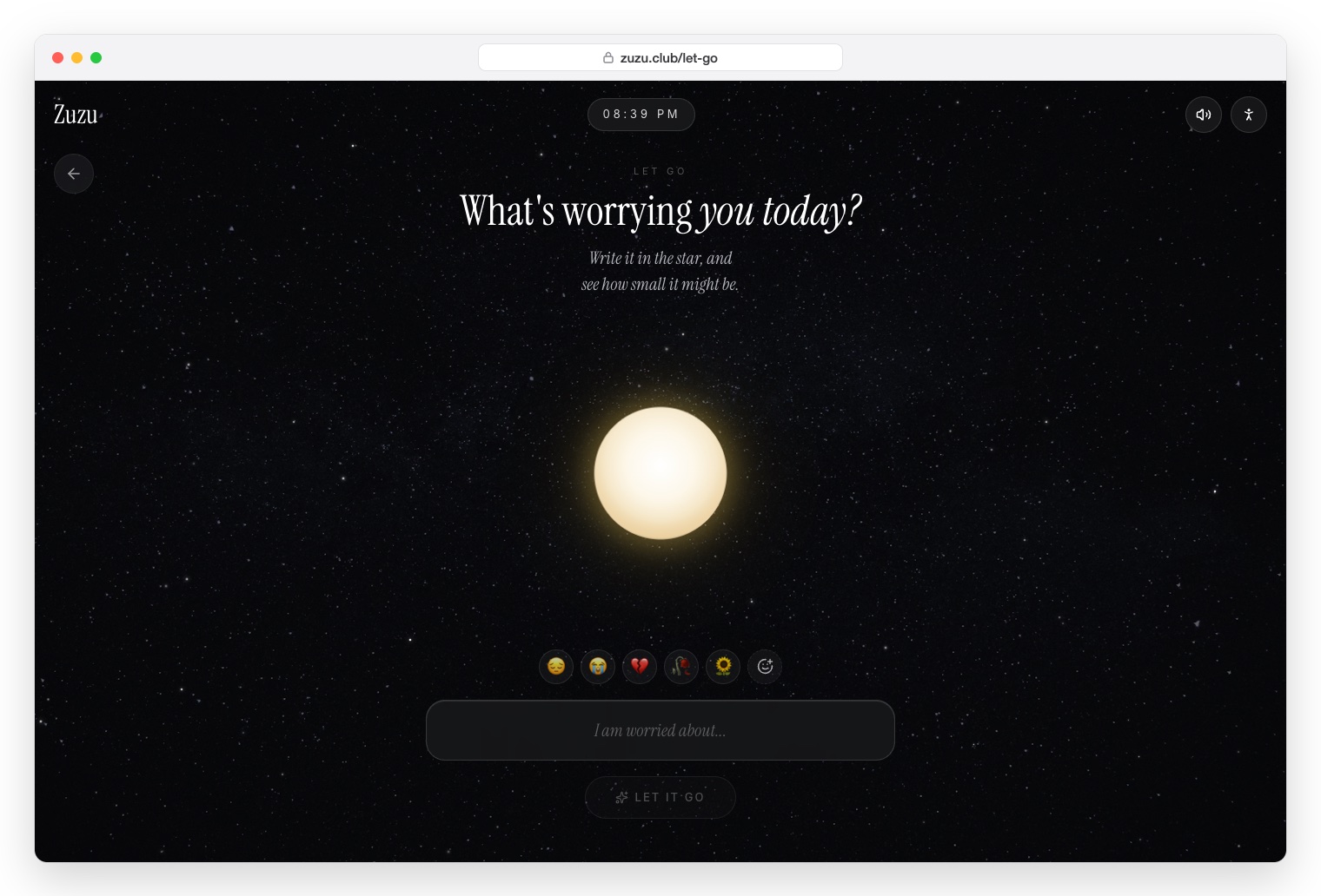 Zuzu Club Let Go: a glowing star in a dark sky above a box that says I am worried about