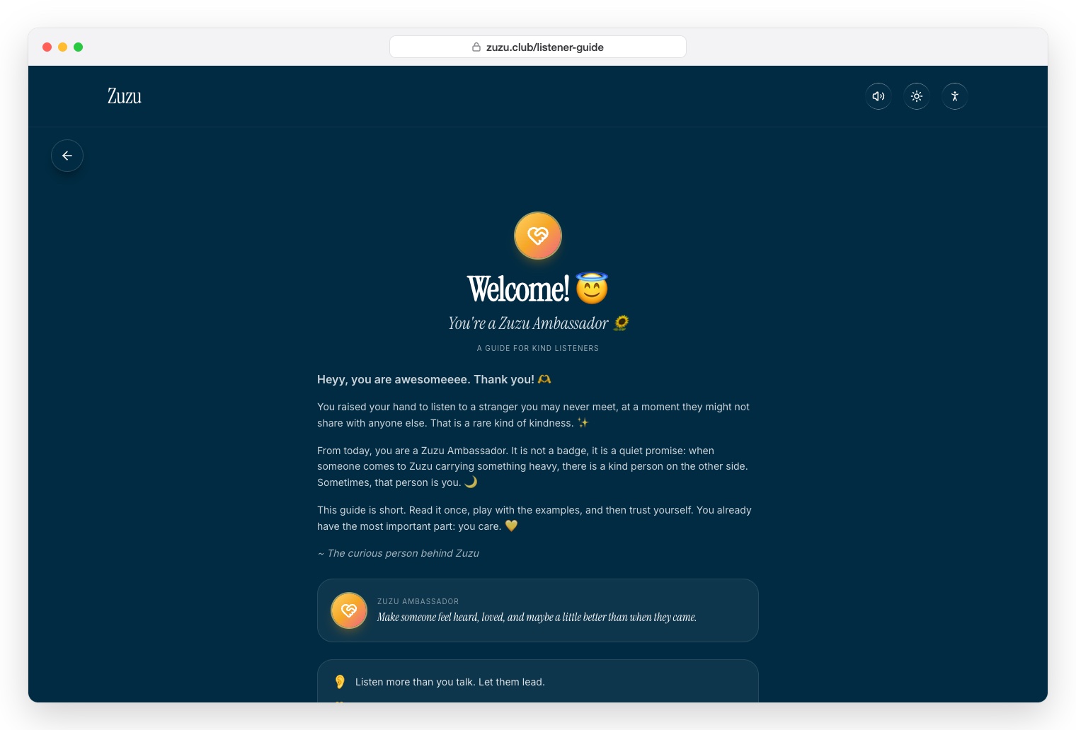 Zuzu Club Listener guide: Welcome! You are a Zuzu Ambassador, a guide for kind listeners