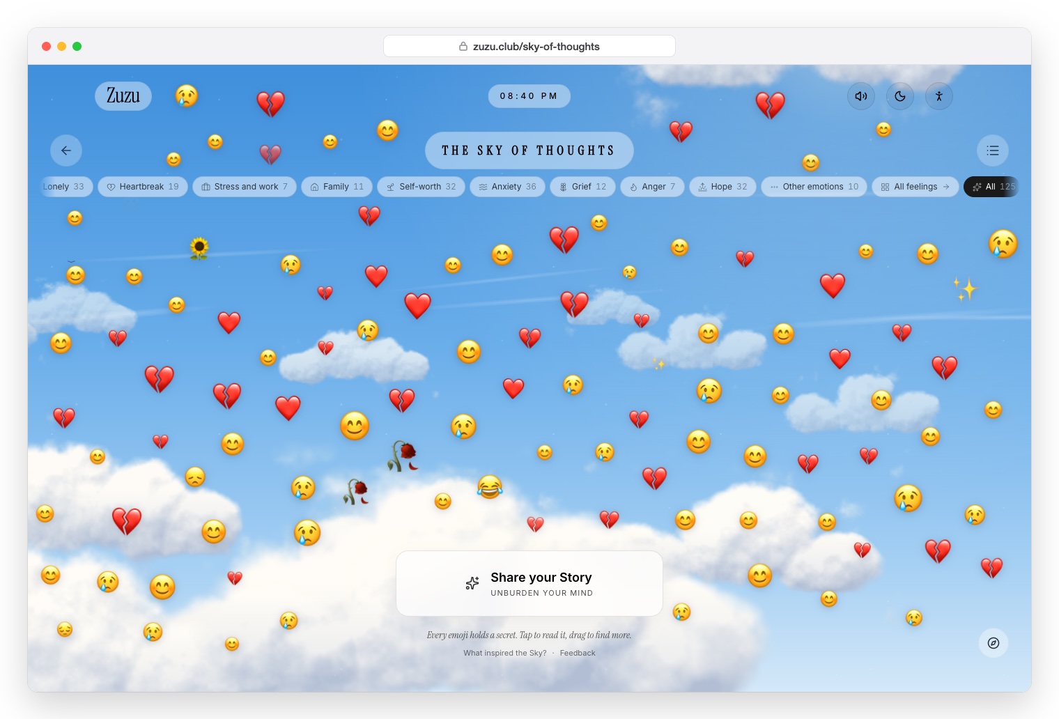 Zuzu Club Sky of Thoughts by day: emojis floating in a blue sky with white clouds
