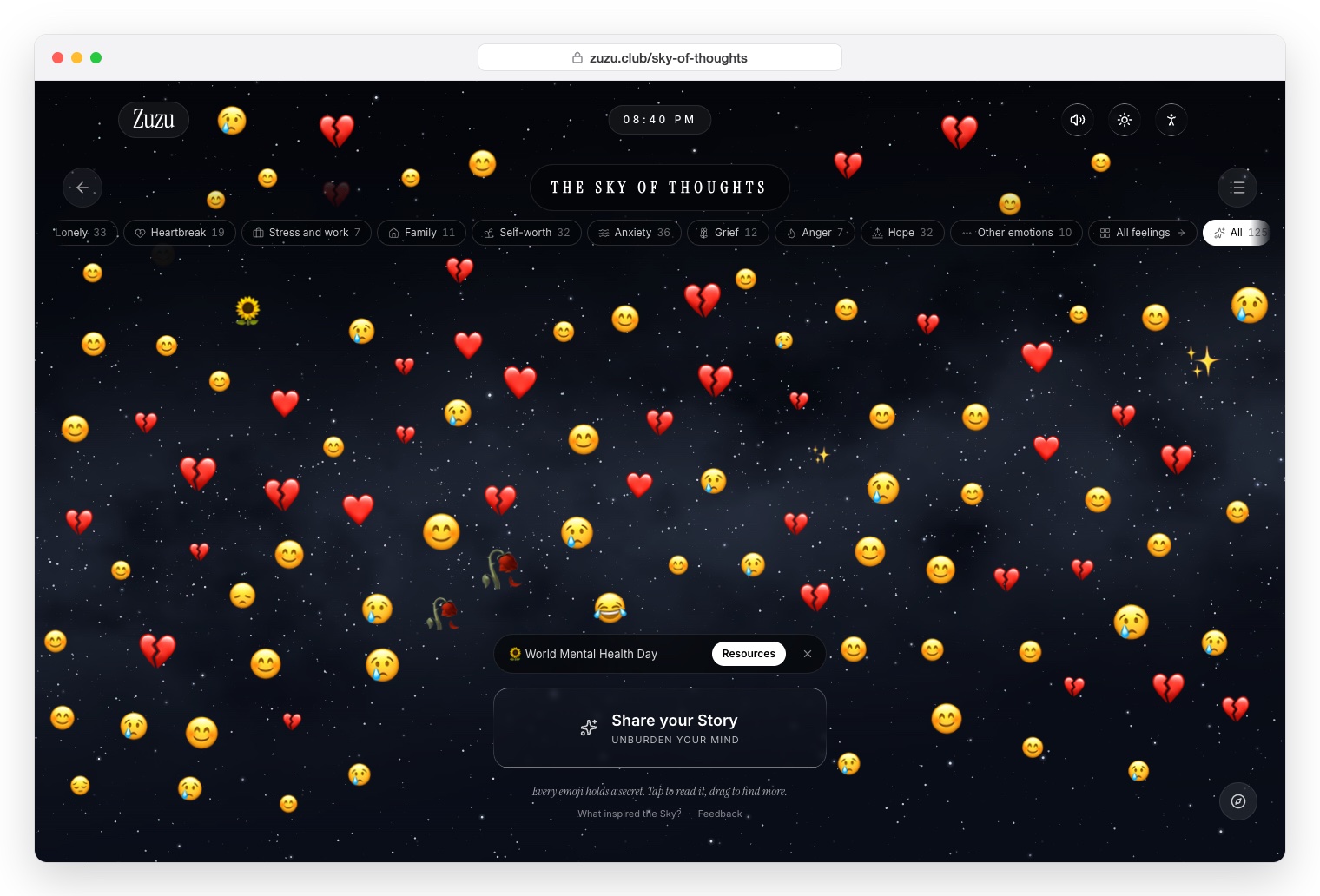 Zuzu Club Sky of Thoughts: many emojis floating in a night sky, with feeling filters at the top