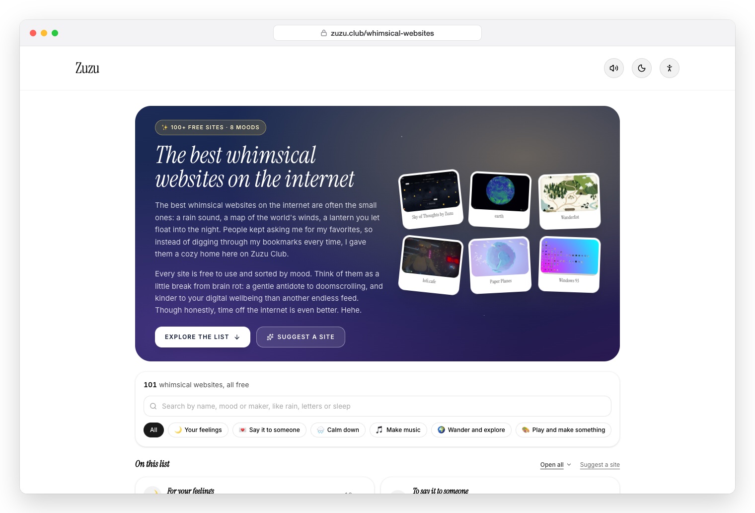 Zuzu Club whimsical websites page: The best whimsical websites on the internet, with site previews, search and mood filters