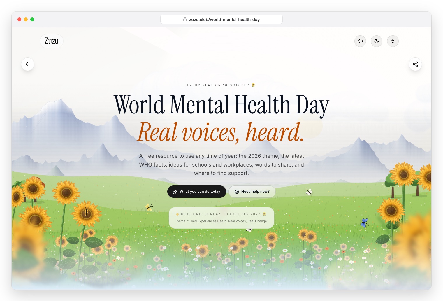 Zuzu Club World Mental Health Day page by day: Real voices, heard, above a meadow with sunflowers