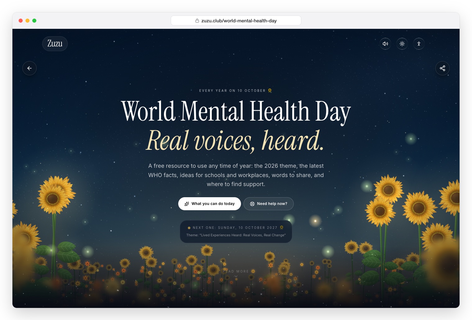 Zuzu Club World Mental Health Day page at night: Real voices, heard, with sunflowers under a starry sky
