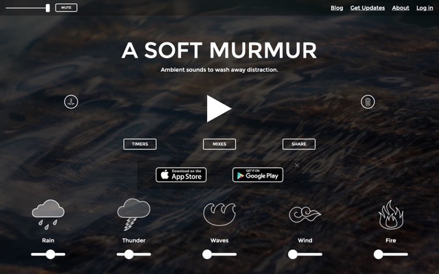 Screenshot of A Soft Murmur: Mix rain, thunder, waves, wind and fire into your own calm sound.