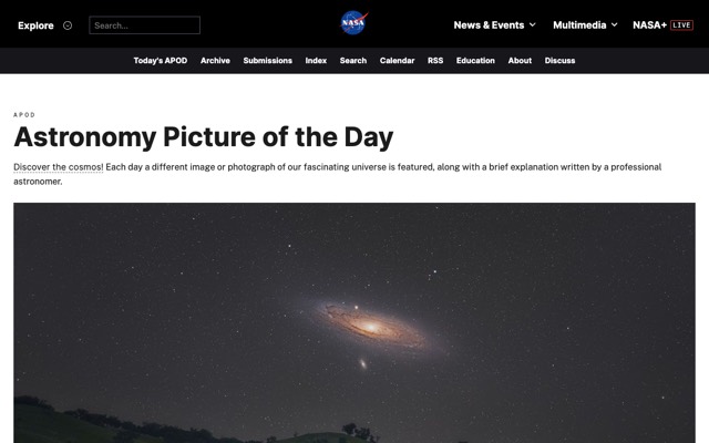 Screenshot of Astronomy Picture of the Day: A new picture of the universe every day.