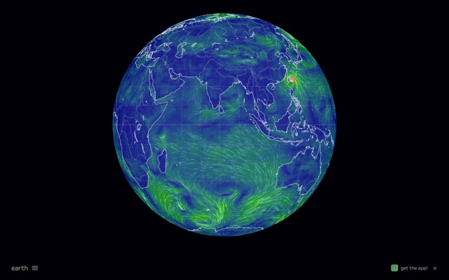 Screenshot of earth: Watch the world's winds swirl across a living globe.