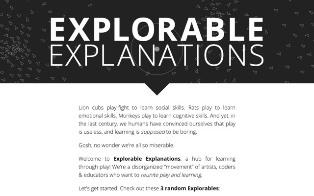 Screenshot of Explorable Explanations: A hub of interactive explainers for learning through play.