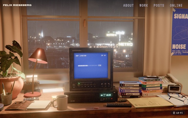 Screenshot of Felix Rieseberg: A personal website that feels like a cozy room at night.