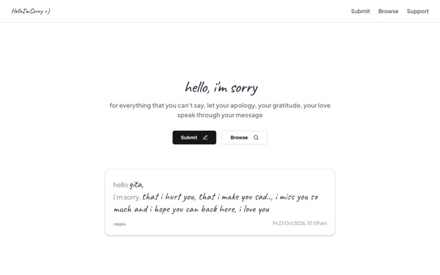 Screenshot of hello, i'm sorry: Say sorry, thank you or I love you, softly.