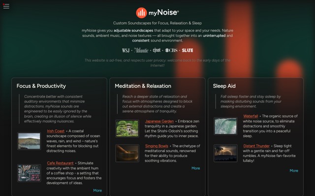 Screenshot of myNoise: Background sounds you shape with sliders.