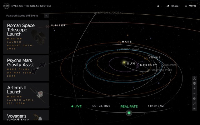 Screenshot of Eyes on the Solar System: Fly through the solar system as it is right now.