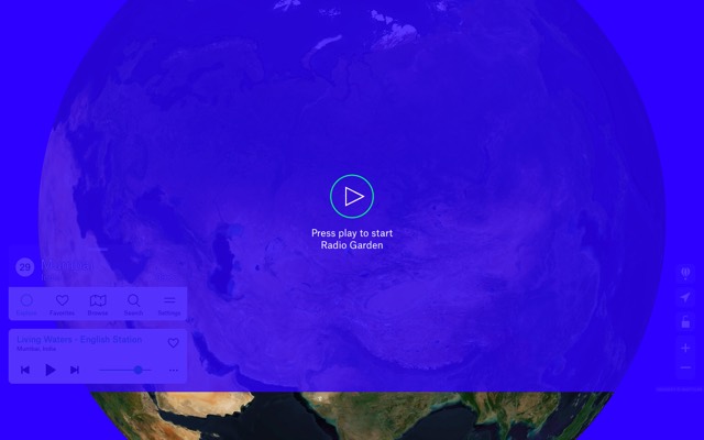 Screenshot of Radio Garden: Spin a globe and listen to live local radio.