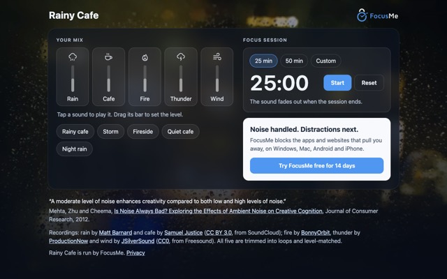 Screenshot of Rainy Cafe: Mix rain and cafe sounds, with a focus timer.