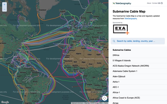Screenshot of Submarine Cable Map: See the undersea cables that carry the internet.