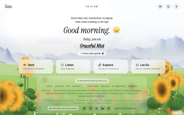 Screenshot of Zuzu Club: Let a worry go, share a feeling, or talk to a kind stranger.